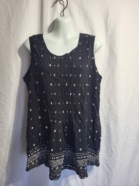 Denver Hayes Black Sleeveless Tunic with White Geometric Border, Size XL
